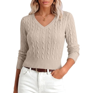 image:imageANRABESS Sweaters for Women Fall Lightweight Cropped V Neck Cable KnitAlmond