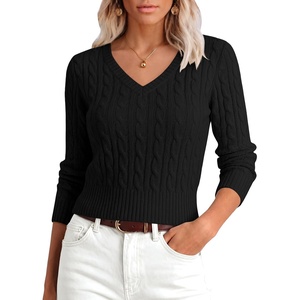 image:imageANRABESS Sweaters for Women Fall Lightweight Cropped V Neck Cable KnitBlack