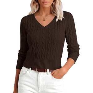 image:imageANRABESS Sweaters for Women Fall Lightweight Cropped V Neck Cable KnitCoffee