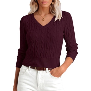 image:imageANRABESS Sweaters for Women Fall Lightweight Cropped V Neck Cable KnitDark Red