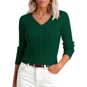 image:imageANRABESS Sweaters for Women Fall Lightweight Cropped V Neck Cable KnitForest Green
