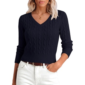 image:imageANRABESS Sweaters for Women Fall Lightweight Cropped V Neck Cable KnitNavy Blue