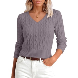 image:imageANRABESS Sweaters for Women Fall Lightweight Cropped V Neck Cable KnitNutmeg