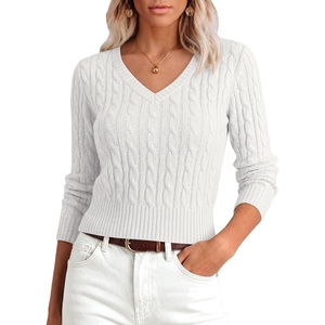 image:imageANRABESS Sweaters for Women Fall Lightweight Cropped V Neck Cable KnitWhite
