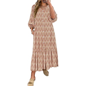 image:imageANRABESS Womens Boho Floral 34 Puff Sleeve Fall Maxi DressFloral Apricot Red