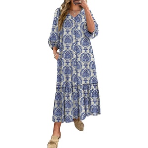 image:imageANRABESS Womens Boho Floral 34 Puff Sleeve Fall Maxi DressFloral Blue Khaki