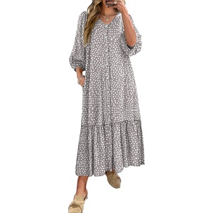 image:imageANRABESS Womens Boho Floral 34 Puff Sleeve Fall Maxi DressKhaki Polka Dot Gray