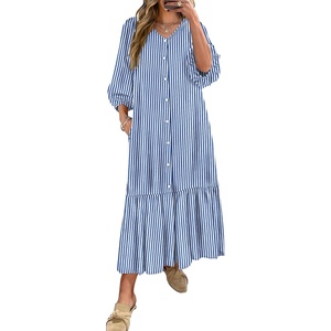 image:imageANRABESS Womens Boho Floral 34 Puff Sleeve Fall Maxi DressStriped Blue