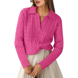 image:imageANRABESS Womens Cable Knit Sweaters Long Sleeve Polo Fall OutfitsHot Pink