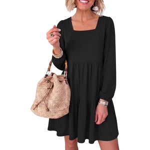 image:imageANRABESS Womens Fall Long Sleeve Square Neck Short DressBlack