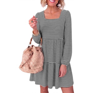 image:imageANRABESS Womens Fall Long Sleeve Square Neck Short DressBlack White Stripe