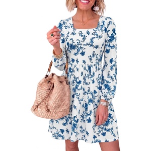 image:imageANRABESS Womens Fall Long Sleeve Square Neck Short DressBlue White Floral