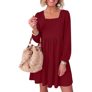 image:imageANRABESS Womens Fall Long Sleeve Square Neck Short DressBurgundy
