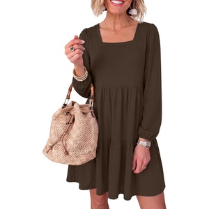 image:imageANRABESS Womens Fall Long Sleeve Square Neck Short DressCoffee