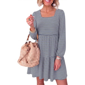 image:imageANRABESS Womens Fall Long Sleeve Square Neck Short DressNavy White Stripe