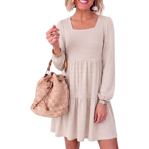 image:imageANRABESS Womens Fall Long Sleeve Square Neck Short DressPink Stripe