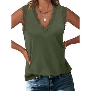 image:imageANRABESS Womens Lace Trim Tank Tops V Neck Sleeveless Shirts Summer CasualArmy Green