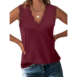 image:imageANRABESS Womens Lace Trim Tank Tops V Neck Sleeveless Shirts Summer CasualBurgundy