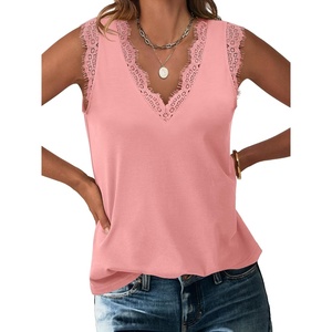 image:imageANRABESS Womens Lace Trim Tank Tops V Neck Sleeveless Shirts Summer CasualCoral Pink
