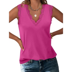 image:imageANRABESS Womens Lace Trim Tank Tops V Neck Sleeveless Shirts Summer CasualHot Pink