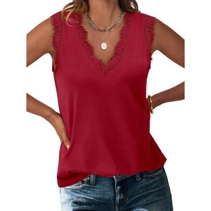 image:imageANRABESS Womens Lace Trim Tank Tops V Neck Sleeveless Shirts Summer CasualRed