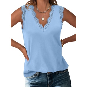 image:imageANRABESS Womens Lace Trim Tank Tops V Neck Sleeveless Shirts Summer CasualSky Blue