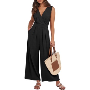 image:imageANRABESS Womens Linen Sleeveless Wrap JumpsuitsBlack