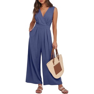 image:imageANRABESS Womens Linen Sleeveless Wrap JumpsuitsDark Blue