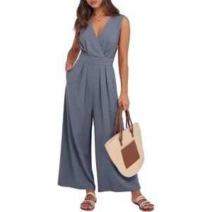 image:imageANRABESS Womens Linen Sleeveless Wrap JumpsuitsDark Grey