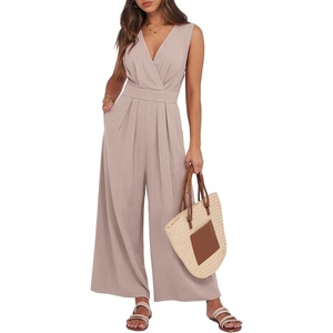 image:imageANRABESS Womens Linen Sleeveless Wrap JumpsuitsKhaki