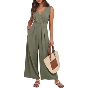 image:imageANRABESS Womens Linen Sleeveless Wrap JumpsuitsOlive