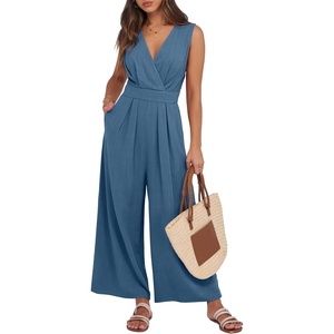 image:imageANRABESS Womens Linen Sleeveless Wrap JumpsuitsTeal