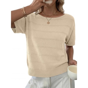 image:imageANRABESS Womens Short Sleeve Sweater Summer Fall Boat Neck TopsBeige