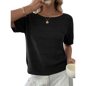 image:imageANRABESS Womens Short Sleeve Sweater Summer Fall Boat Neck TopsBlack