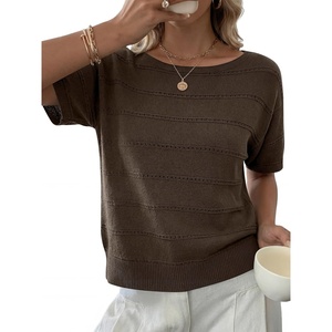 image:imageANRABESS Womens Short Sleeve Sweater Summer Fall Boat Neck TopsBrown