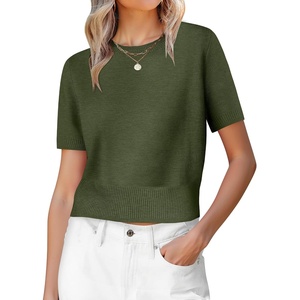 image:imageANRABESS Womens Short Sleeve Sweaters Cropped Crew NeckArmy Green