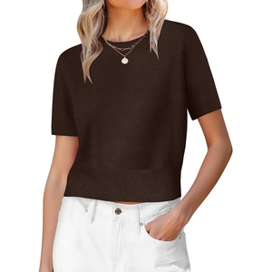 image:imageANRABESS Womens Short Sleeve Sweaters Cropped Crew NeckCoffee