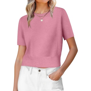 image:imageANRABESS Womens Short Sleeve Sweaters Cropped Crew NeckCoral Pink