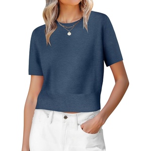 image:imageANRABESS Womens Short Sleeve Sweaters Cropped Crew NeckDeep Blue
