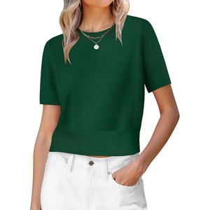 image:imageANRABESS Womens Short Sleeve Sweaters Cropped Crew NeckForest Green