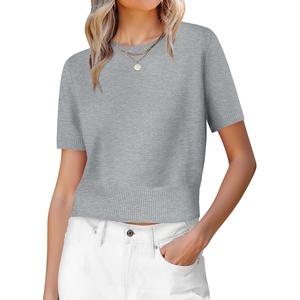 image:imageANRABESS Womens Short Sleeve Sweaters Cropped Crew NeckGrey