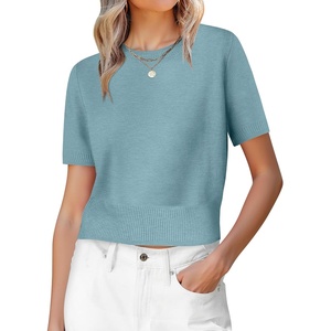 image:imageANRABESS Womens Short Sleeve Sweaters Cropped Crew NeckLight Blue