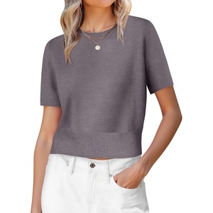 image:imageANRABESS Womens Short Sleeve Sweaters Cropped Crew NeckNutmeg