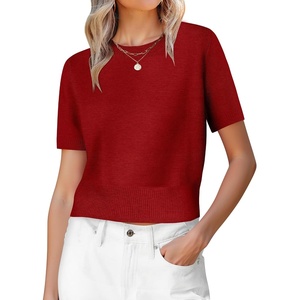 image:imageANRABESS Womens Short Sleeve Sweaters Cropped Crew NeckRed
