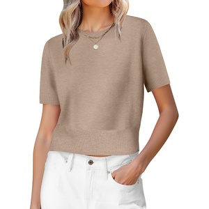 image:imageANRABESS Womens Short Sleeve Sweaters Cropped Crew NeckTan