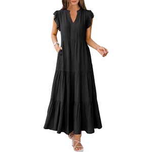 image:imageANRABESS Womens Summer Dress Ruffle Sleeve V Neck Vacation Maxi DressesBlack