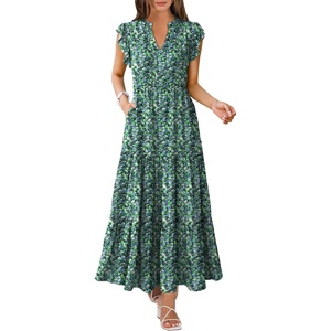image:imageANRABESS Womens Summer Dress Ruffle Sleeve V Neck Vacation Maxi DressesBlue Green Floral