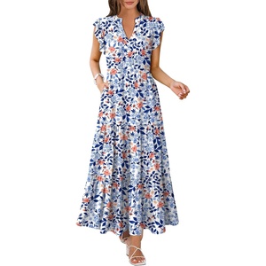 image:imageANRABESS Womens Summer Dress Ruffle Sleeve V Neck Vacation Maxi DressesBlue Orange Floral