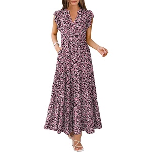 image:imageANRABESS Womens Summer Dress Ruffle Sleeve V Neck Vacation Maxi DressesFloral Black Pink