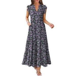 image:imageANRABESS Womens Summer Dress Ruffle Sleeve V Neck Vacation Maxi DressesFloral Black Purple